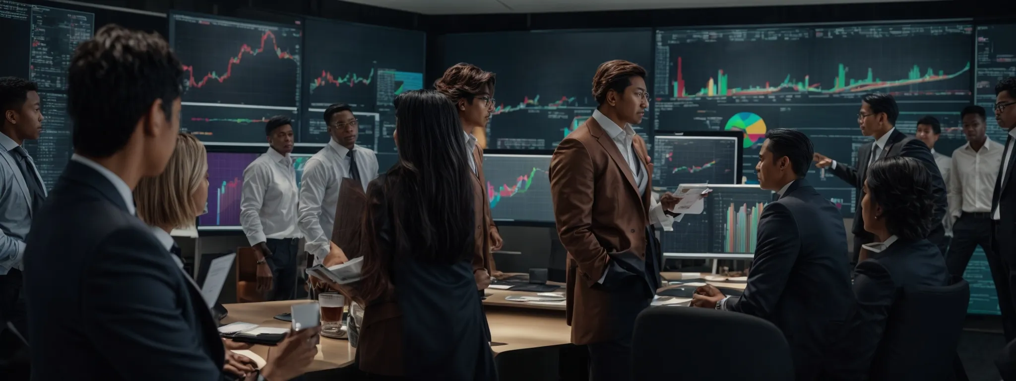 a diverse group of business professionals gathers around a large screen displaying colorful graphs and charts, enthusiastically discussing strategies.