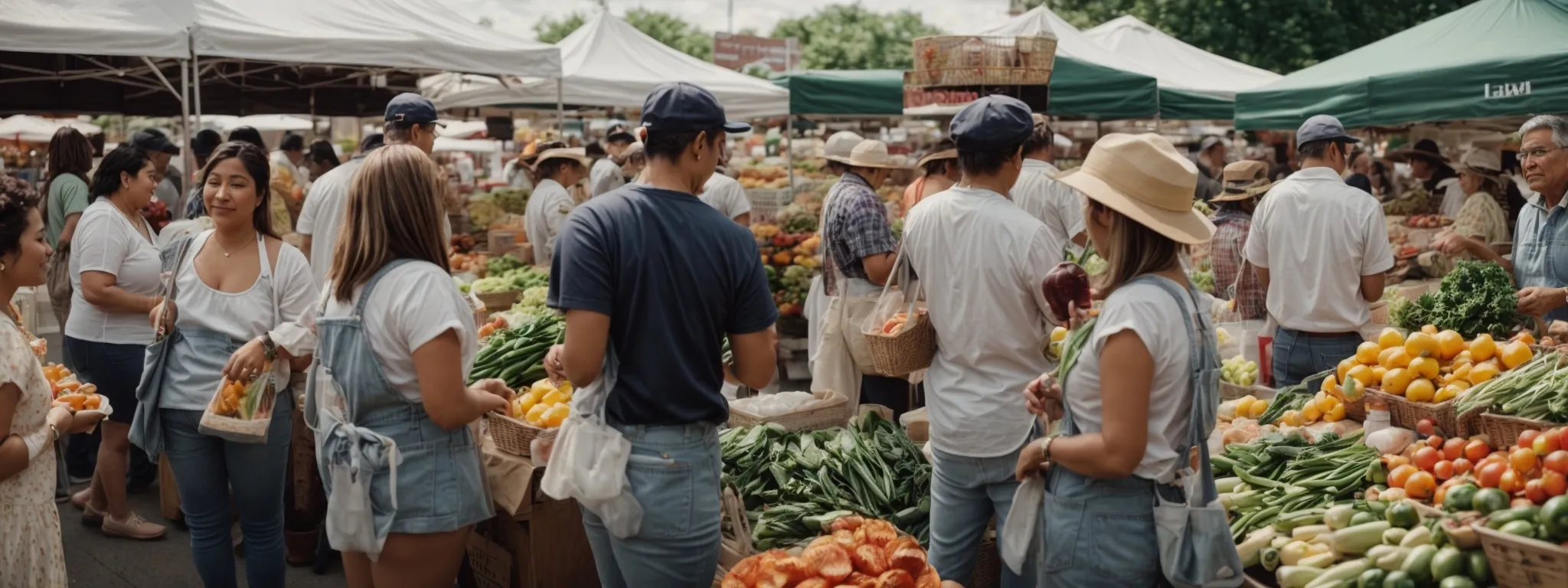 a bustling new jersey farmers market with vendors and shoppers engaged in lively interactions amid stalls brimming with local produce.