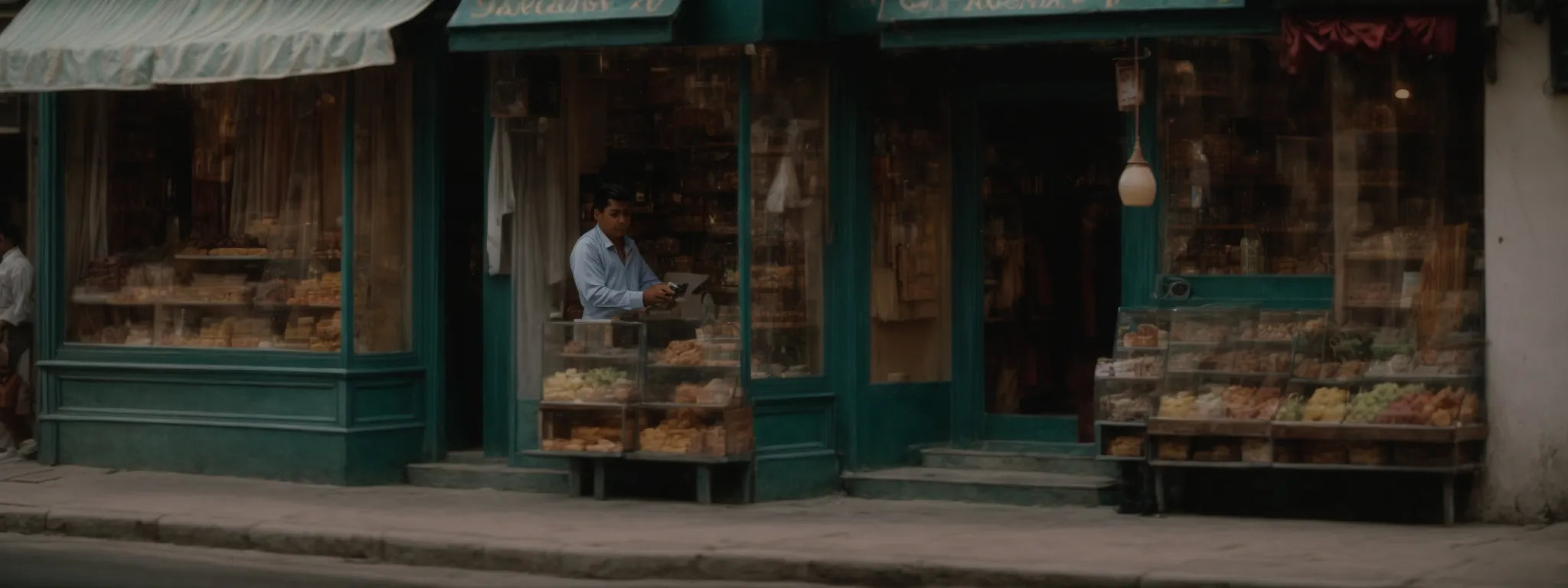 a small shopkeeper decorates a storefront on a bustling local street corner.