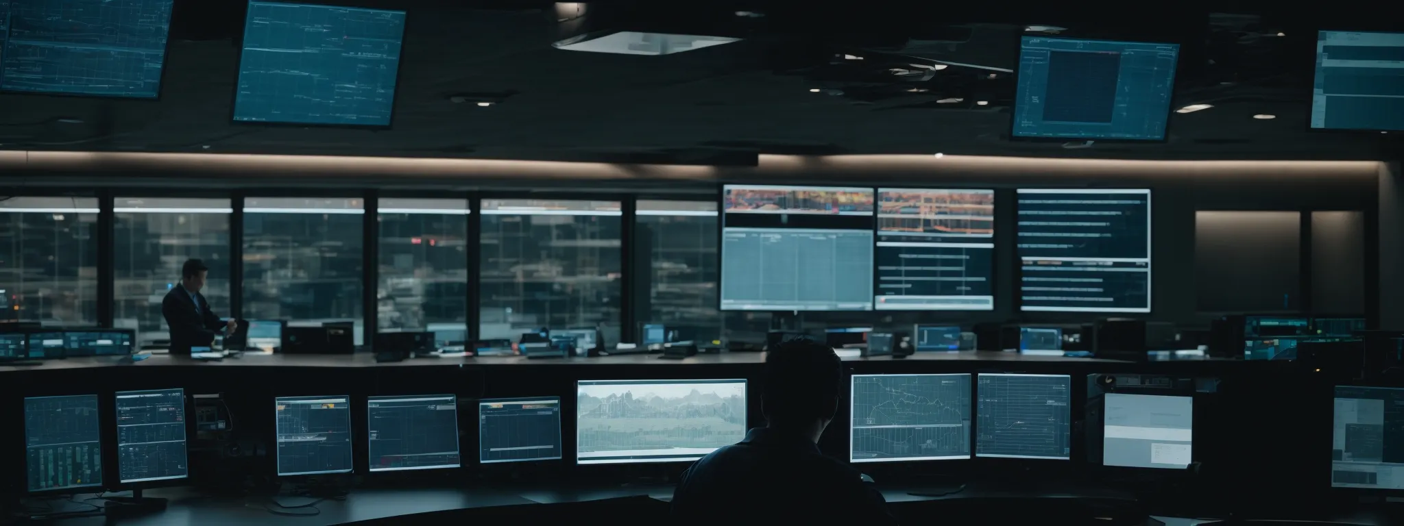 a security guard monitoring an array of surveillance screens in a high-tech control room.