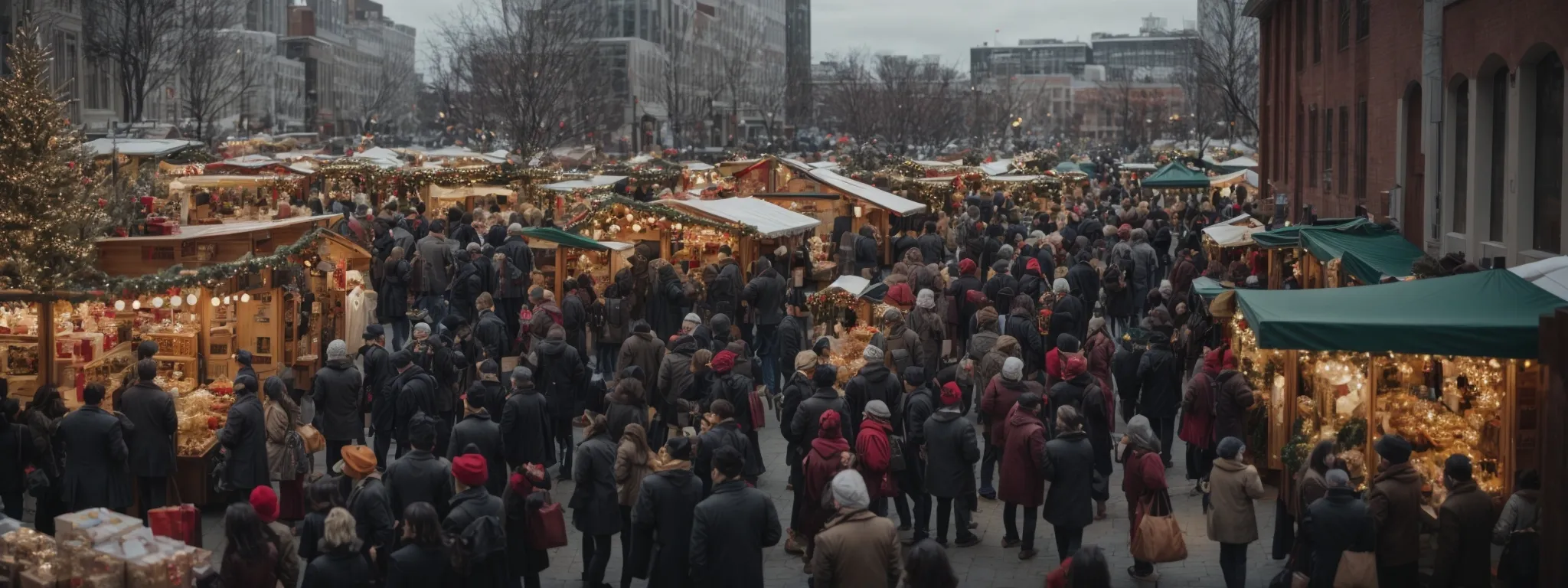 a bustling holiday market with festive decorations and eager shoppers.