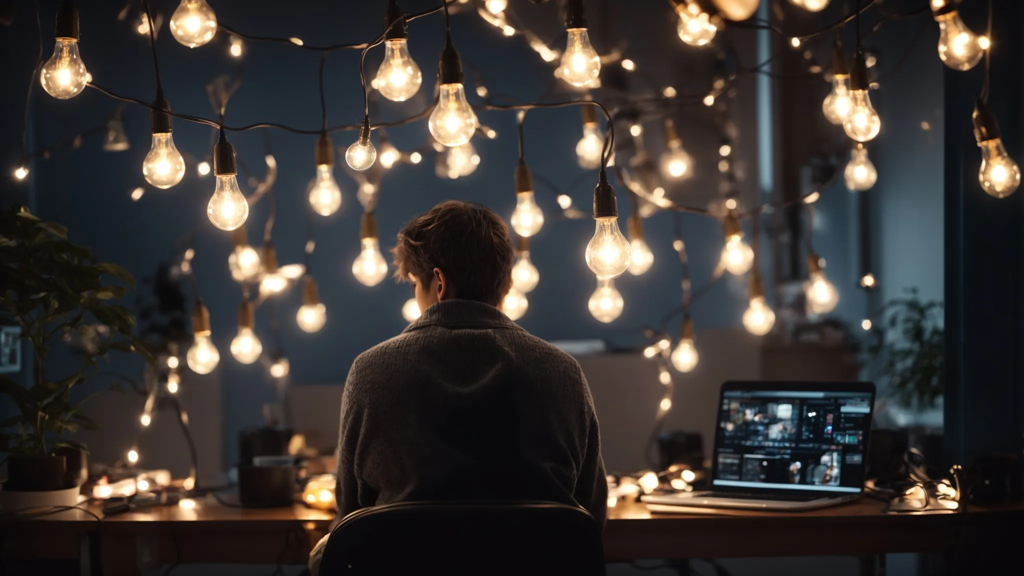 a person sitting at a computer, surrounded by light bulbs symbolizing inspiration.