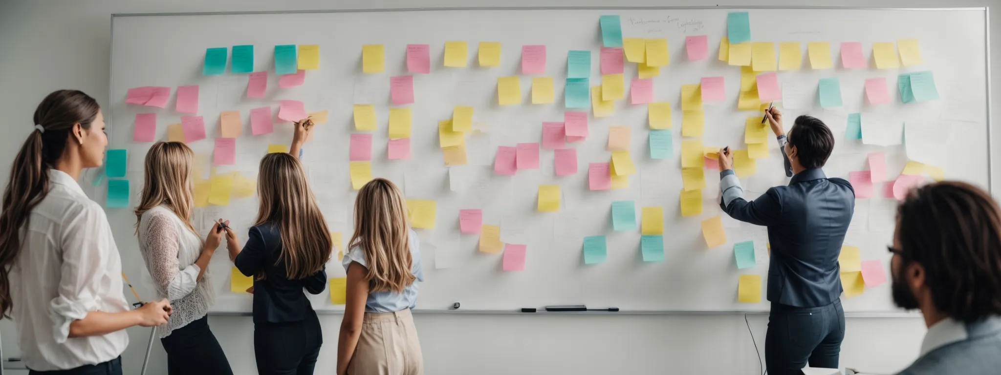 a group of marketers collaboratively plotting a customer journey on a large whiteboard with colorful sticky notes.