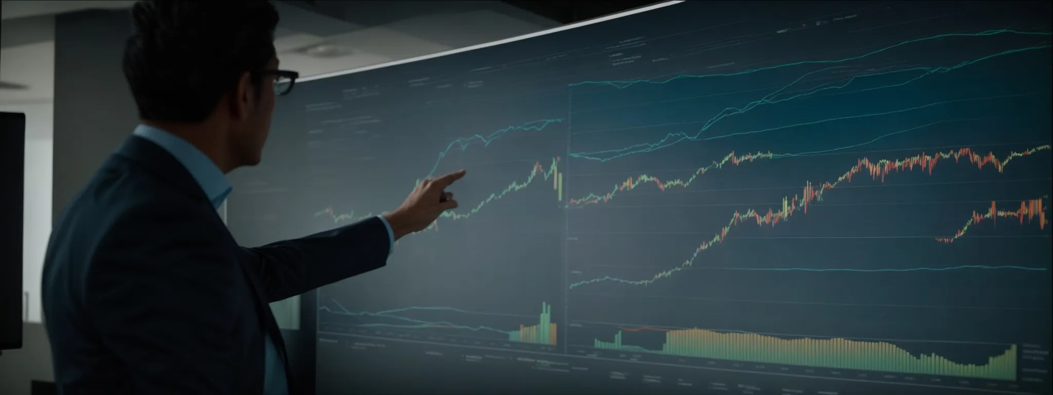 a business professional points at an interactive chart on a large screen during a dynamic tableau data visualization presentation.