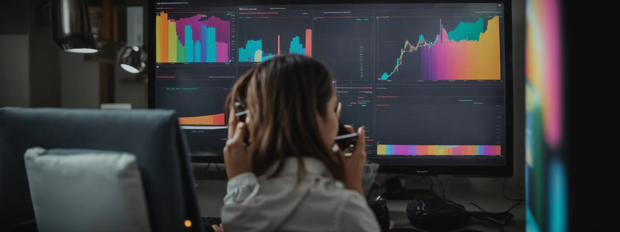 a business owner reviews a colorful analytics dashboard on her computer, reflecting a focus on local seo optimization.