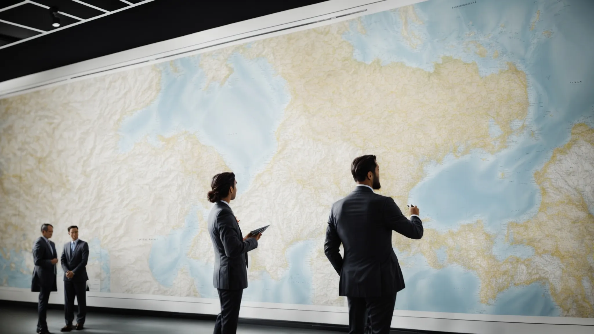 business professionals analyze a large map on the wall, marking strategic locations for local directory submissions.