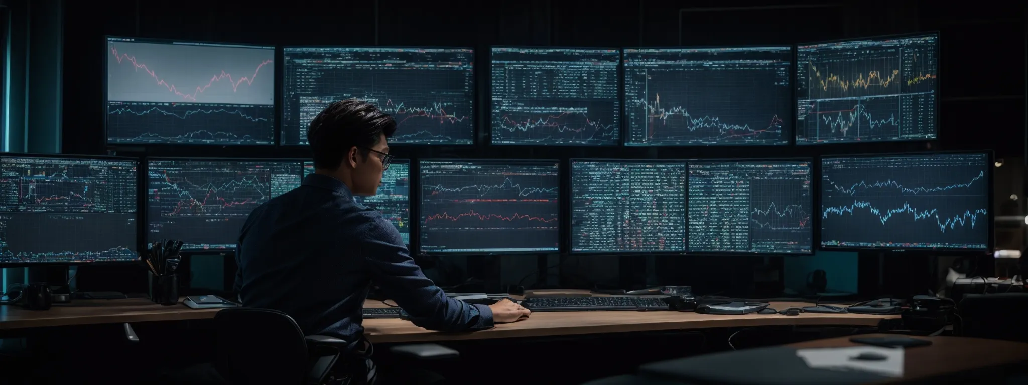 a person sitting at a modern desk amidst multiple high-resolution computer monitors displaying various analytical graphs and site metrics, symbolizing a high-tech seo command center.