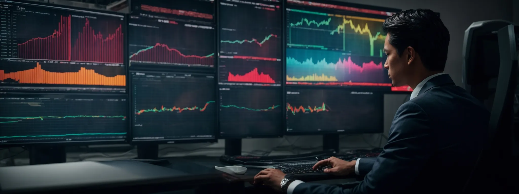 a person seated before a large monitor displaying colorful analytics and data graphs, deeply focused on market trends.