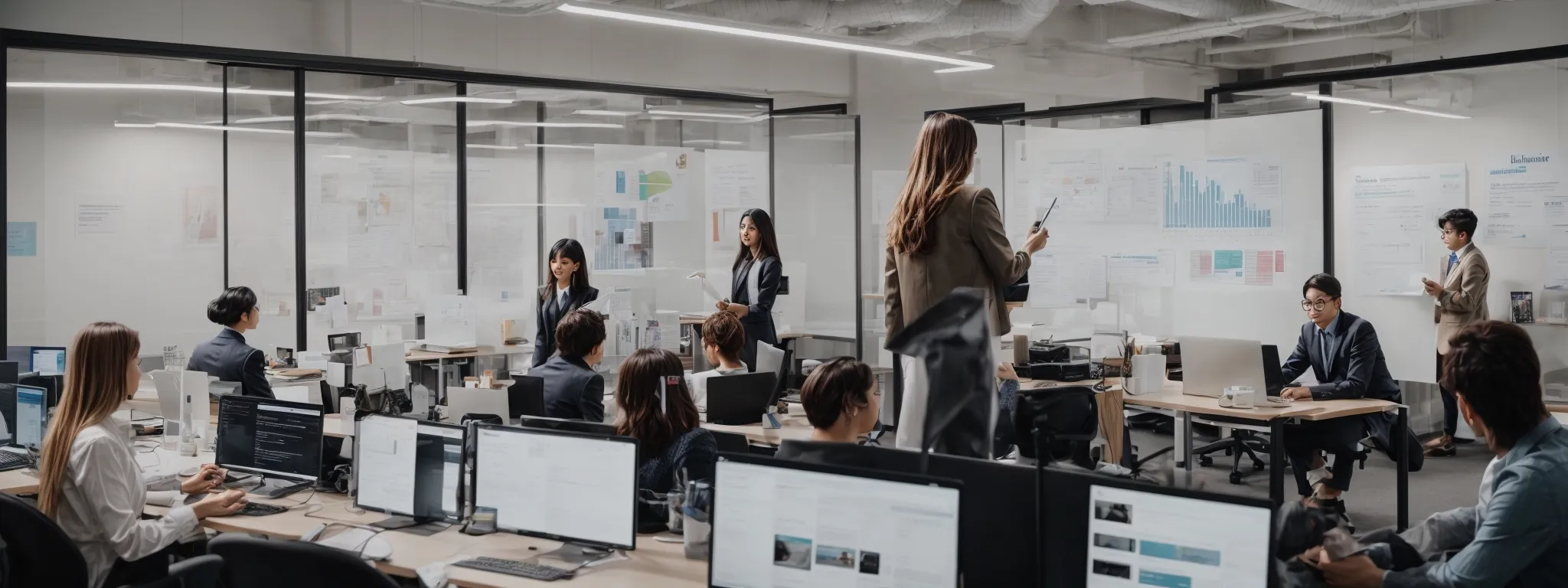 a bustling digital marketing office, with a team analyzing data and strategizing on a whiteboard, represents linkgraph's coordinated effort in sophisticated backlinking campaigns.