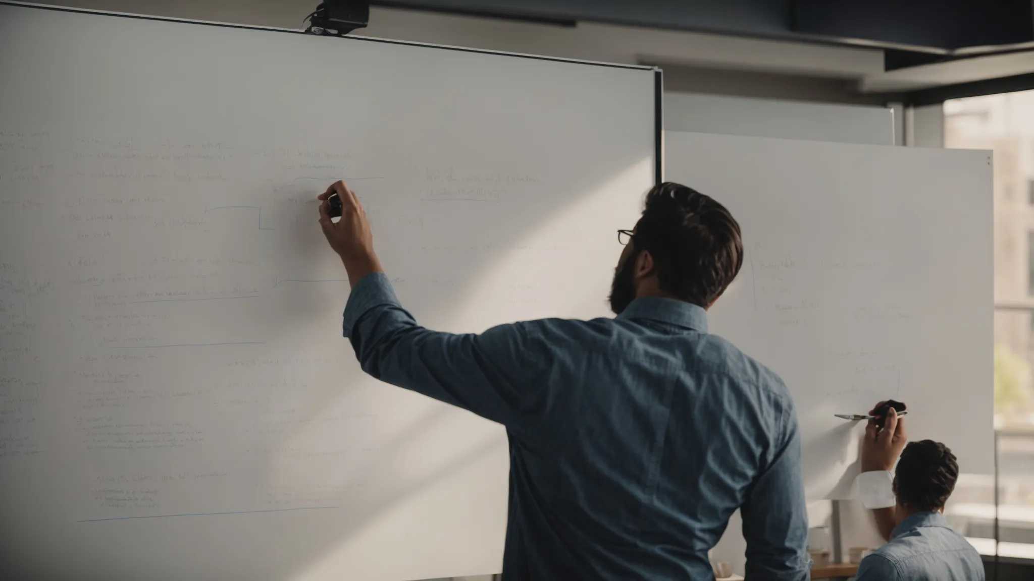 a creative individual presents a marketing strategy on a whiteboard to an engaged audience.