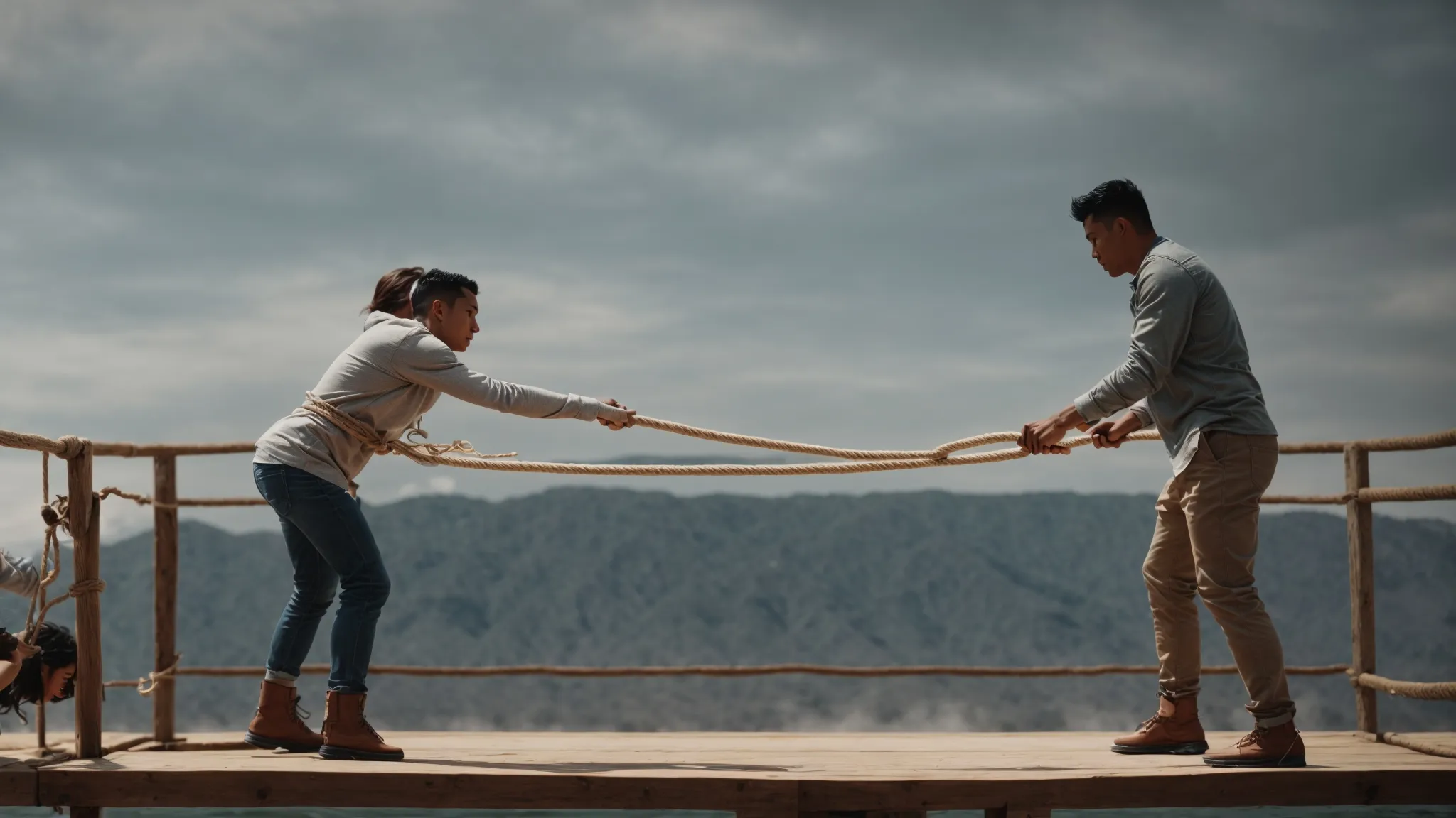 two individuals engage in a tug-of-war using a rope, each standing on a platform labeled "content marketing" and "digital marketing" respectively.