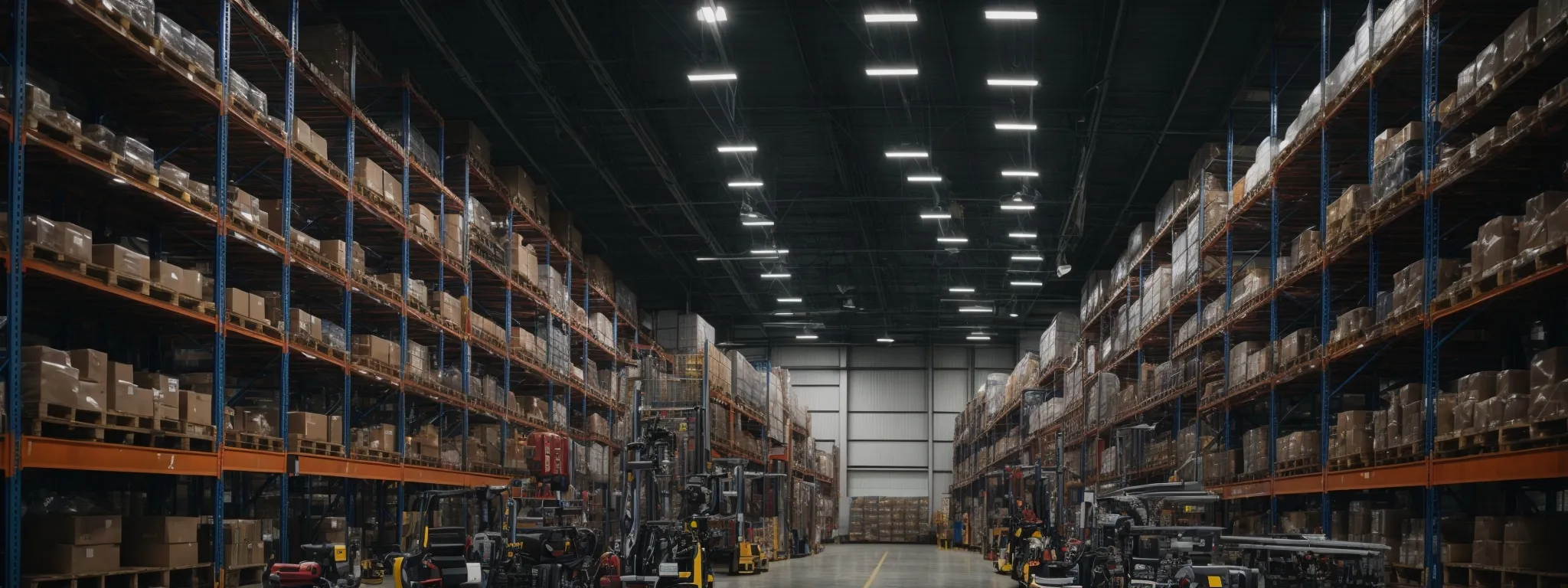 a vast warehouse with rows of towering shelves seamlessly navigated by robotic arms and autonomous vehicles.