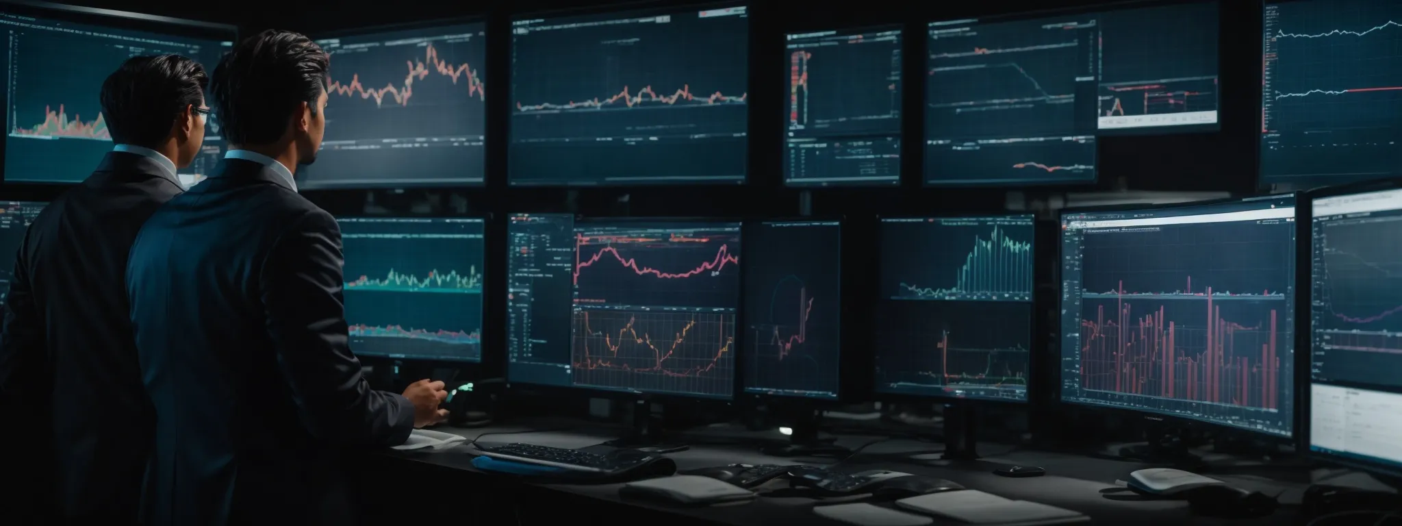 a professional analyzing complex charts and graphs displaying various social media metrics on a large monitor.