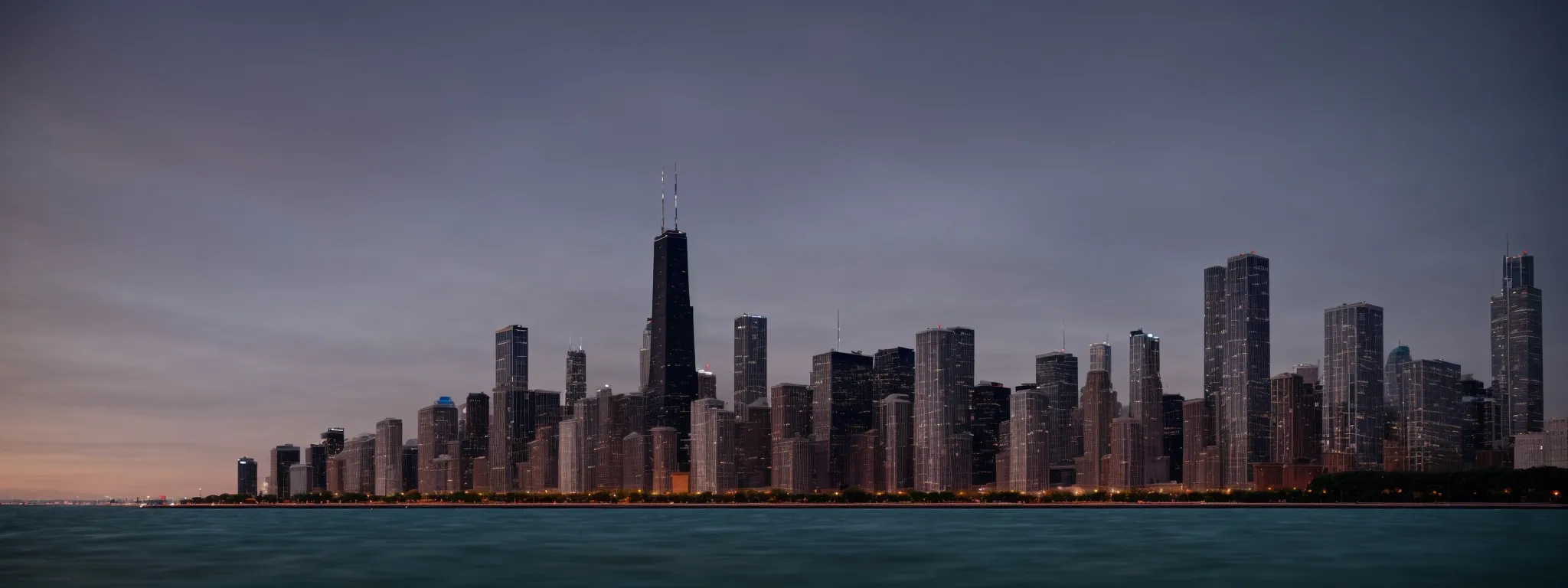 a sleek skyline of chicago reflects in the shimmering waters of lake michigan at twilight, symbolizing the city's dynamic digital landscape.