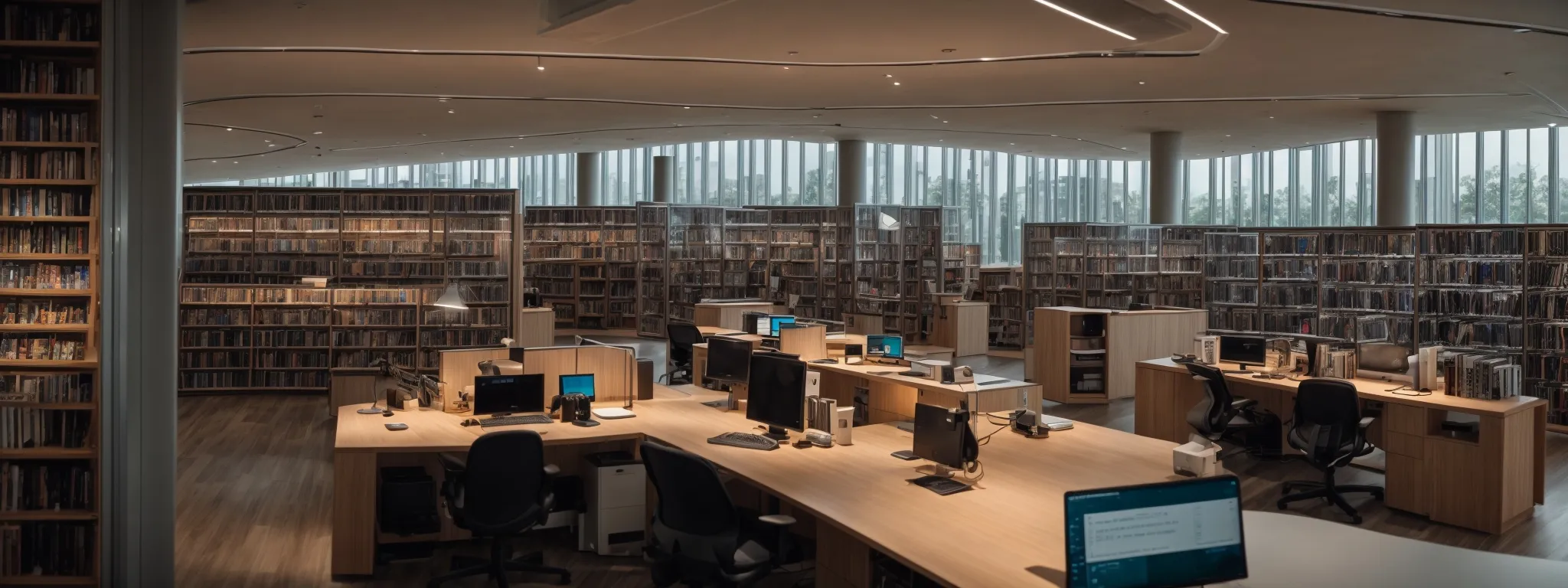 a panoramic view of a serene library with modern computers lined up on desks, used by people researching seo trends.