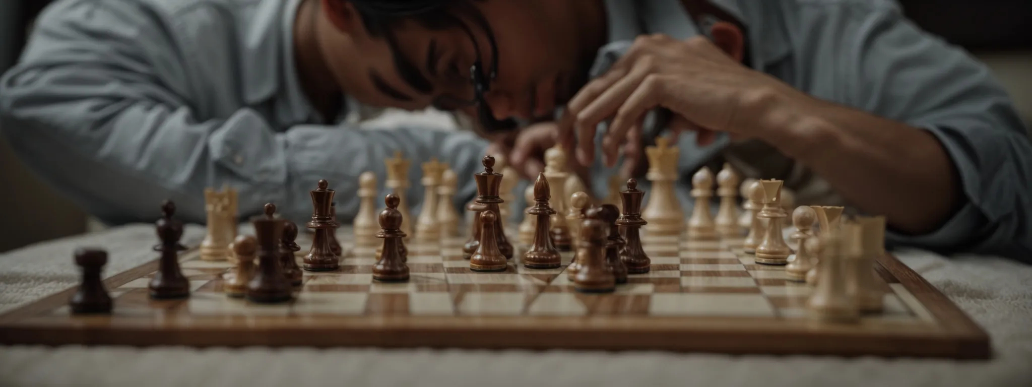 a chessboard with a player contemplating a strategic move, symbolizing the careful placement of links within content.