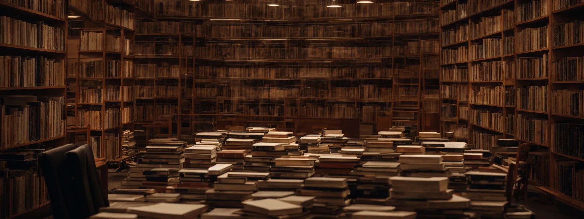 a library with an expansive array of books symbolizing the vast pool of information that search algorithms sift through to provide relevant results.