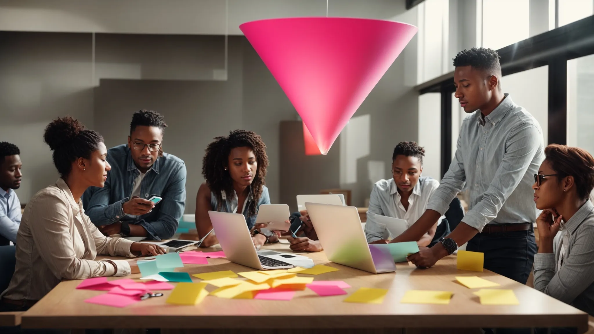 a group of marketers brainstorming around a large funnel on a conference table with colorful sticky notes and digital devices.