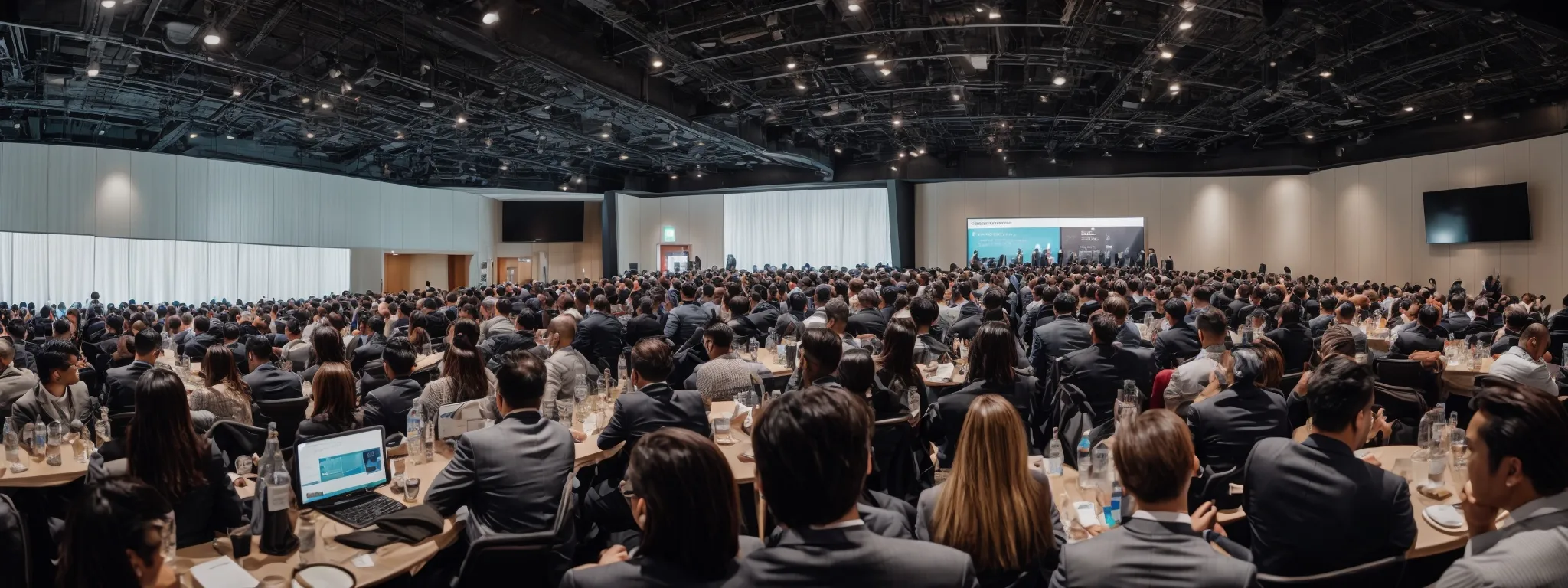 a panoramic view of a bustling digital marketing conference where seo professionals discuss strategies.