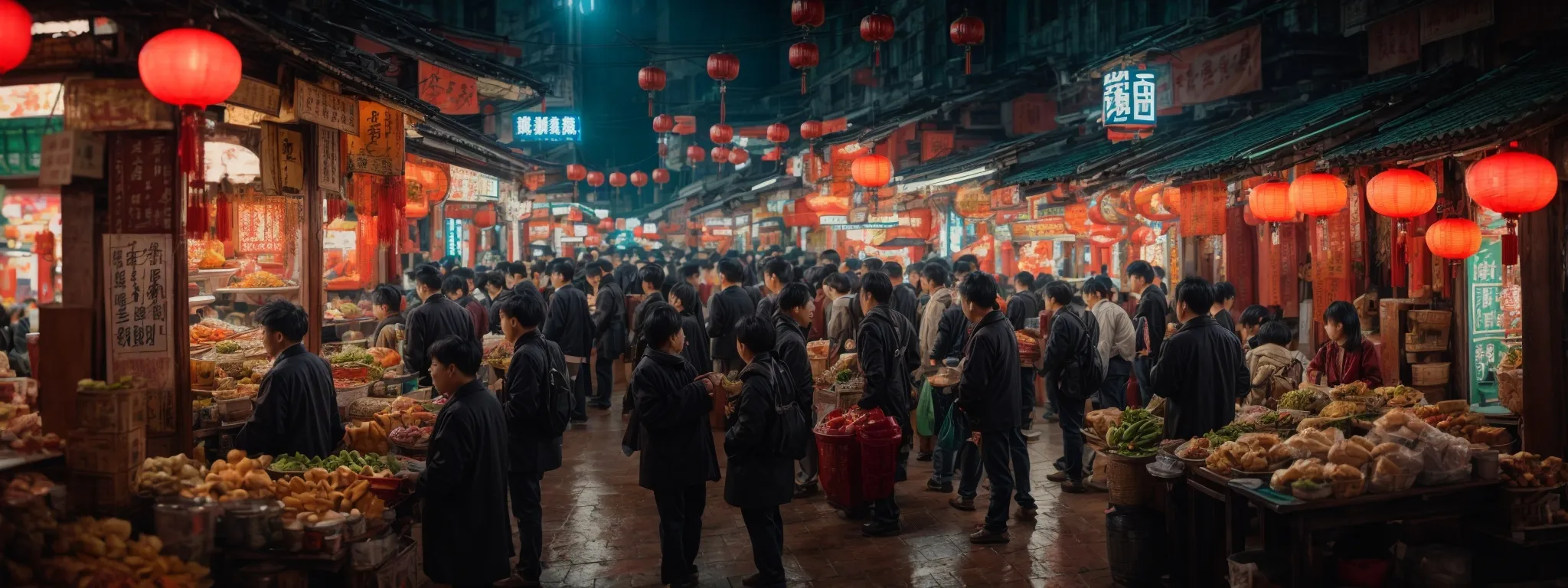 a bustling chinese marketplace scene bustling with activity and swift transactions under the neon glow of signs.