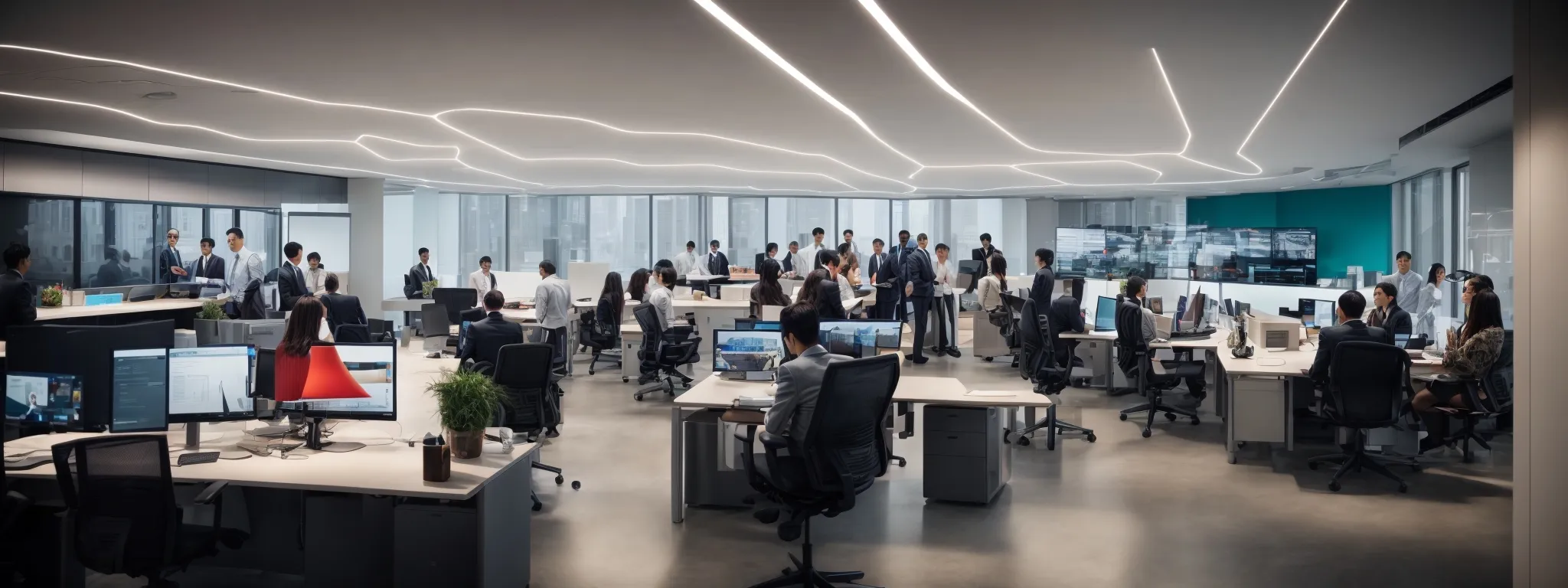 a sleek, modern office environment with a vibrant team engaging in a collaborative meeting around a large table, surrounded by computers and digital displays highlighting various career opportunities.