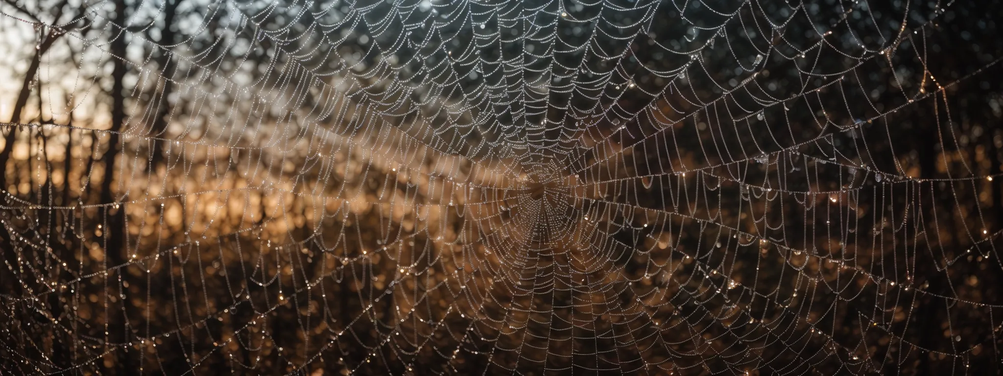 a close-up of a spider web glistening with dew at dawn, symbolizing the intricate connections in seo link building.