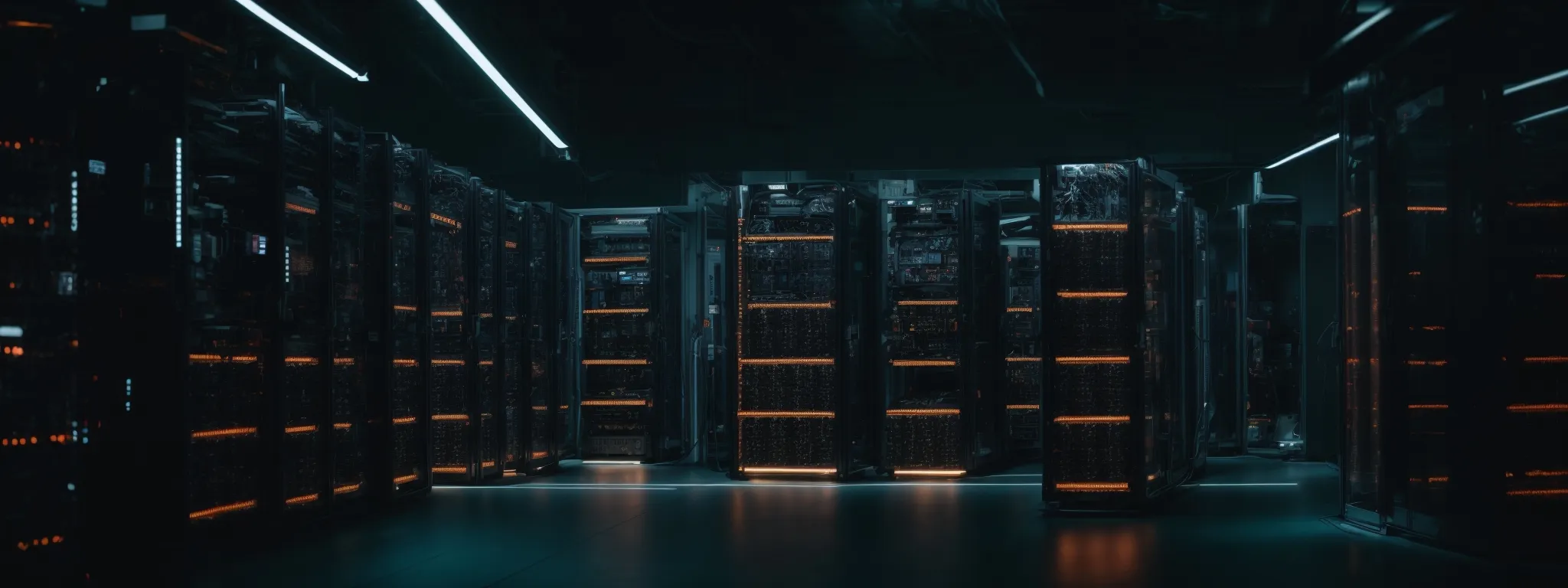 a futuristic data center with rows of high-tech servers illuminating a dim room.