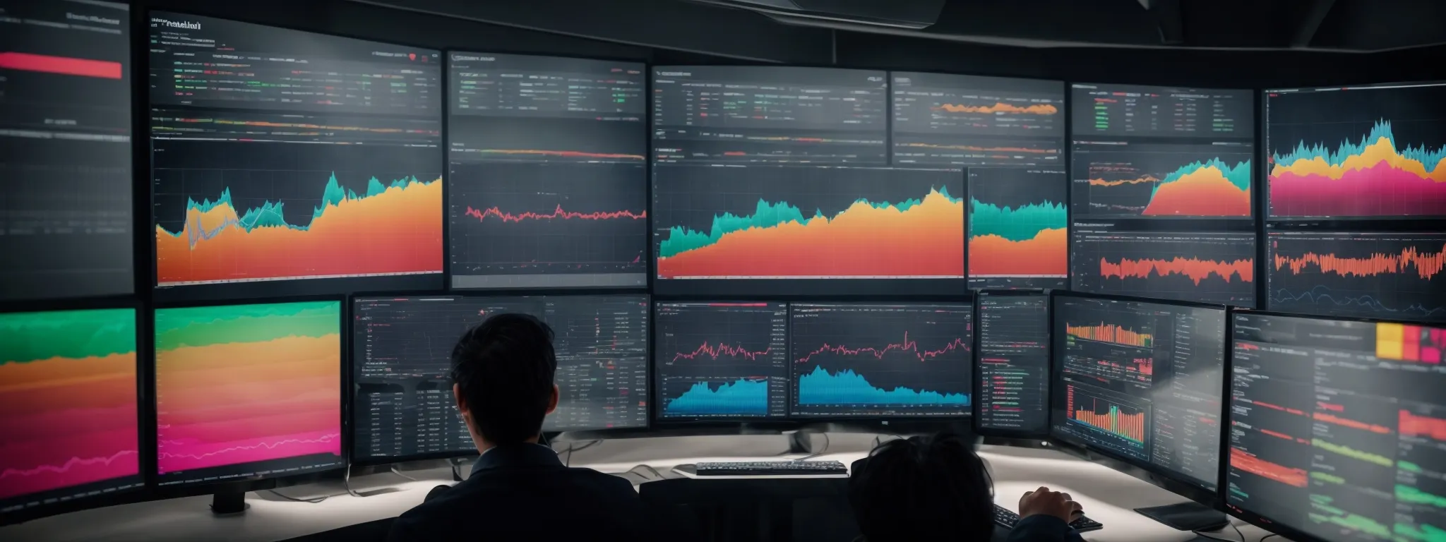 a person sits at a large monitor displaying colorful graphs and charts while clicking through an analytics dashboard.