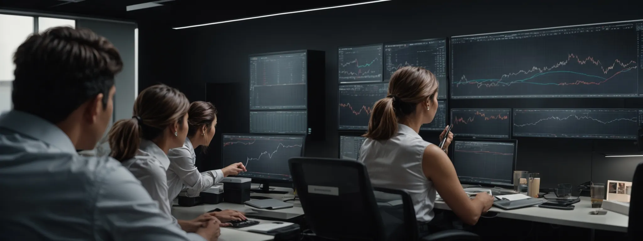 a team analyzes graphs on large monitors in a modern office setting, strategizing their next business move.