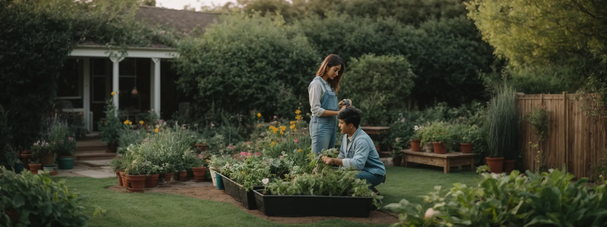 a couple peacefully gardening together in a flourishing backyard, symbolizing growth and nurturing.