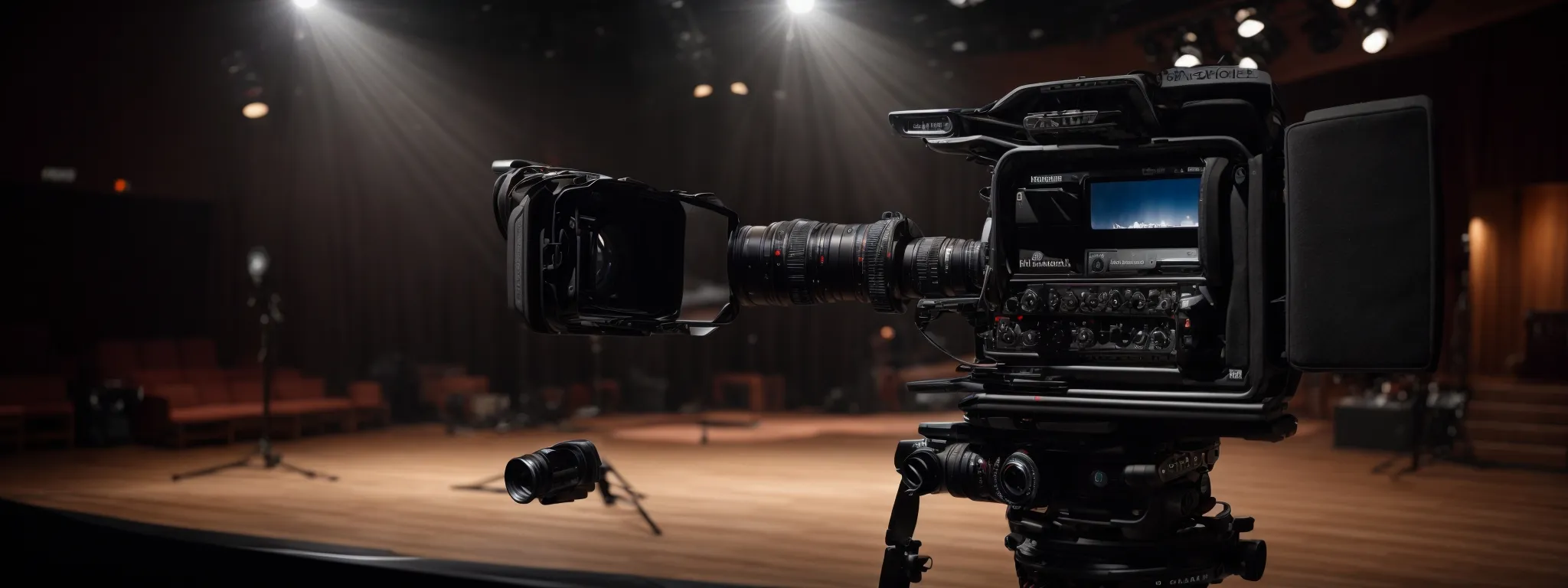 a professional camera set up for recording with a studio light positioned towards an empty stage poised for a video marketing shoot.