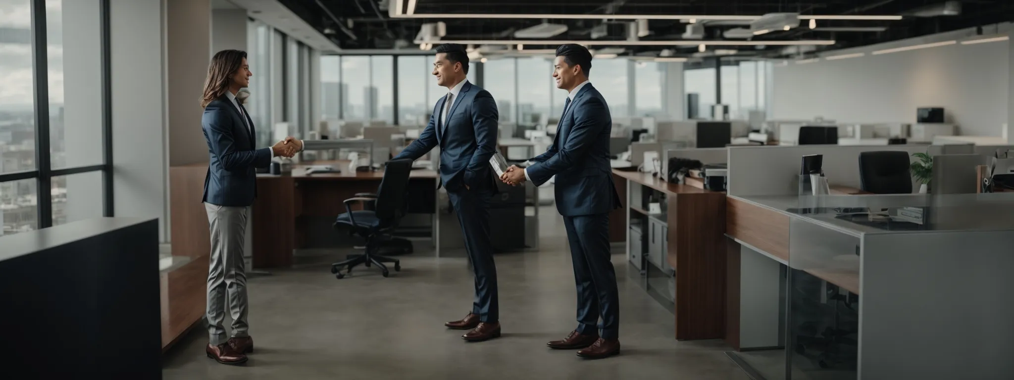 two corporate professionals shaking hands in a modern office environment to seal a partnership deal.