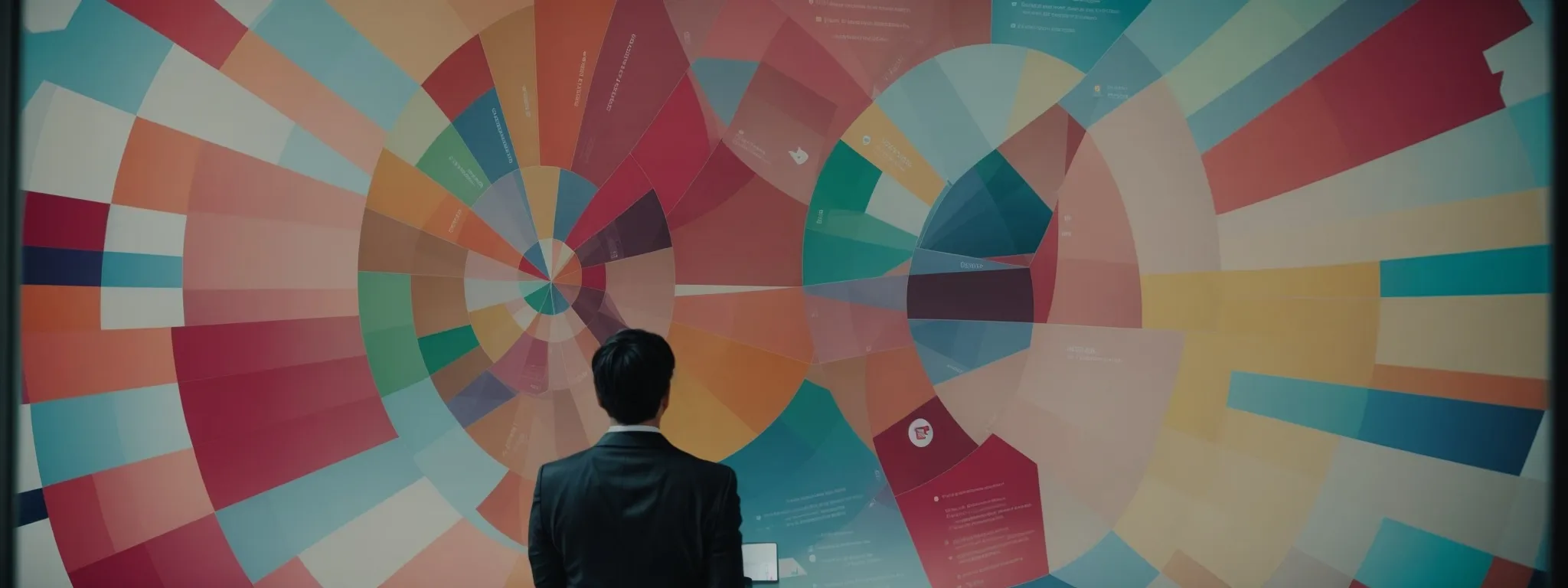 a marketer evaluates a colorful pie chart on a digital screen highlighting different aspects of a comprehensive seo strategy.