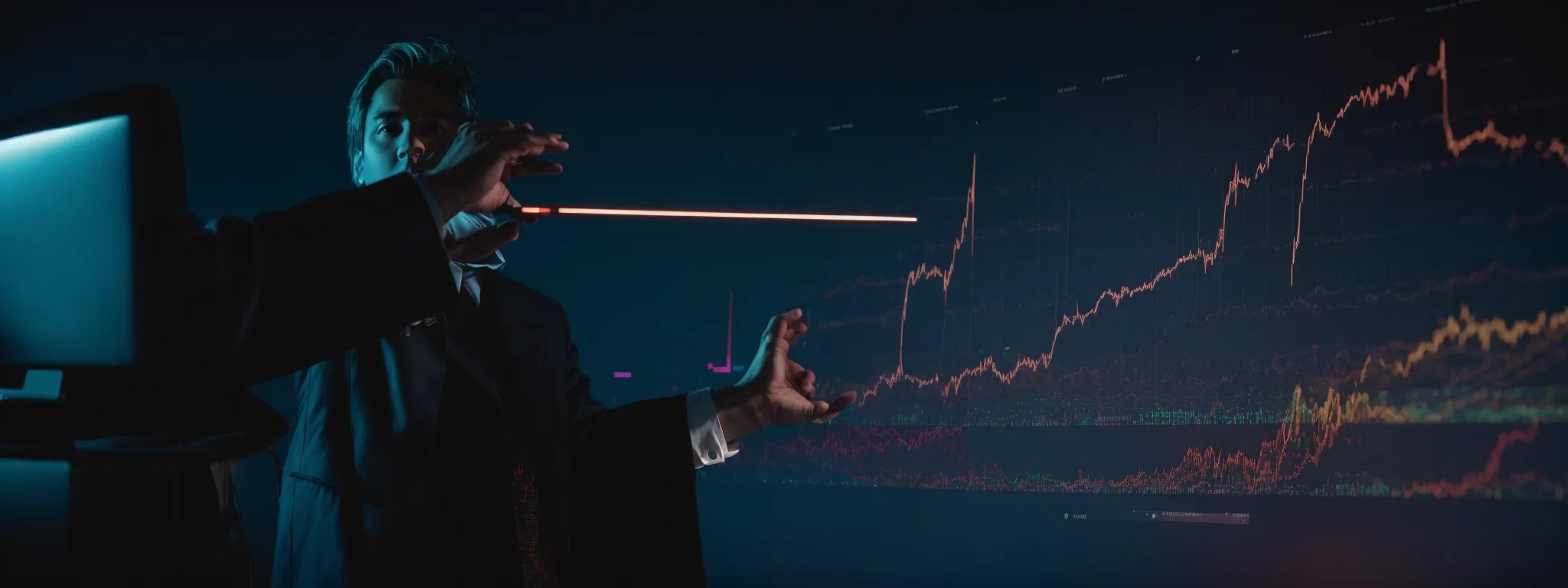 a magician expertly waving a wand over a computer screen that glows with a rising graph symbolizing increasing website traffic.