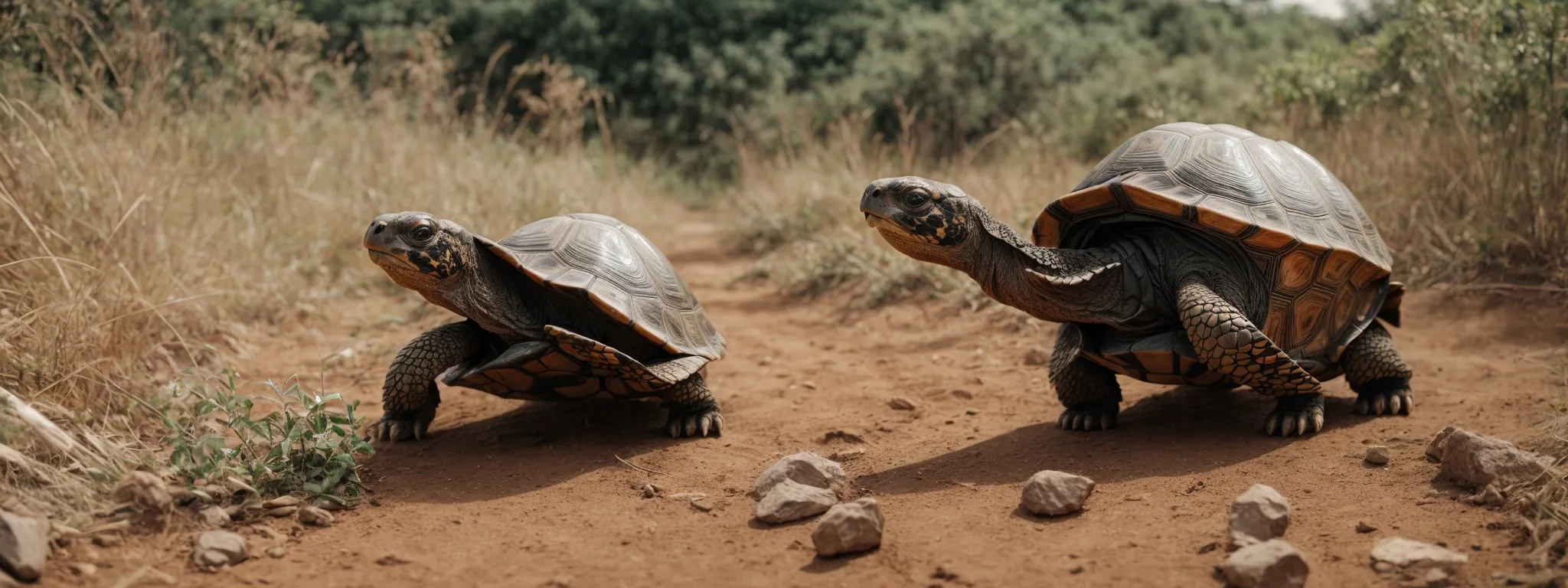 a tortoise slowly overtaking a hare in a metaphorical depiction of sustainable growth triumphing over quick shortcuts.