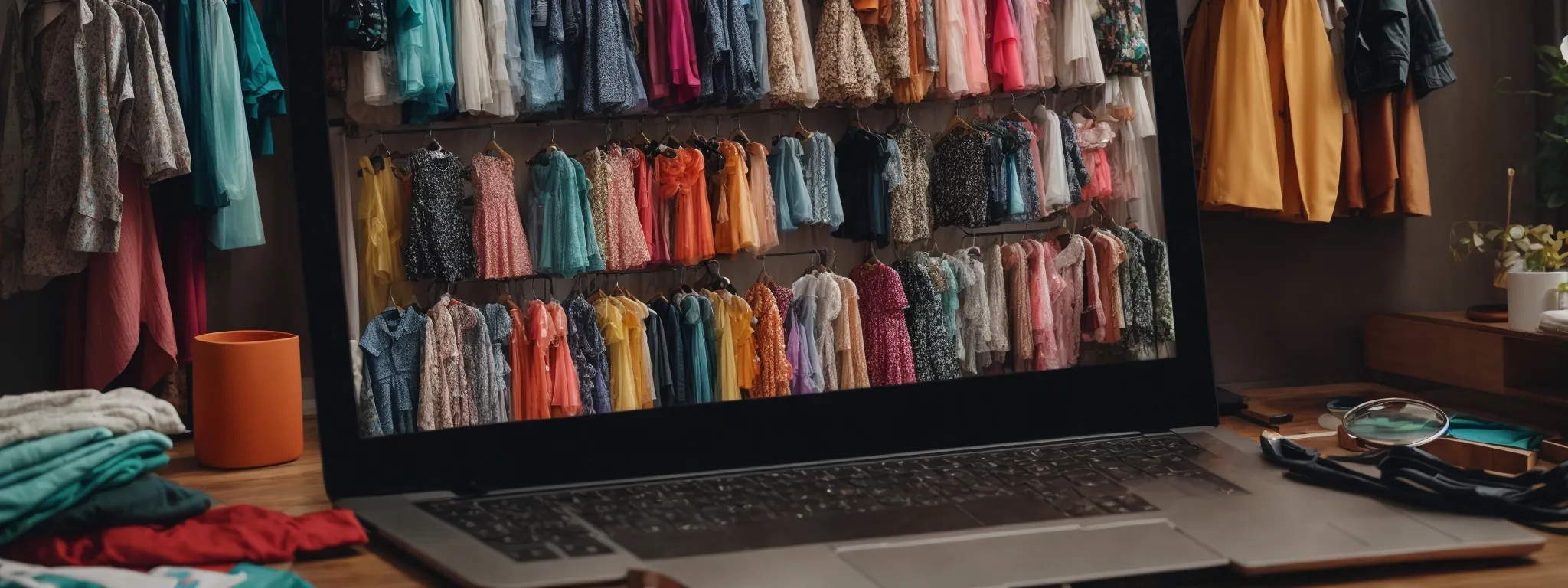 a computer screen displaying rows of colorful, trendy outfits with a magnifying glass focused on one item, symbolizing the precision of seo in fashion ecommerce.
