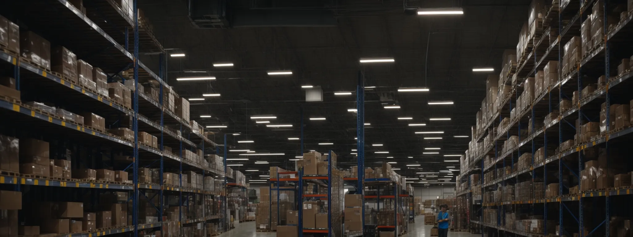 a busy ecommerce warehouse with empty shelves signaling out-of-stock products.