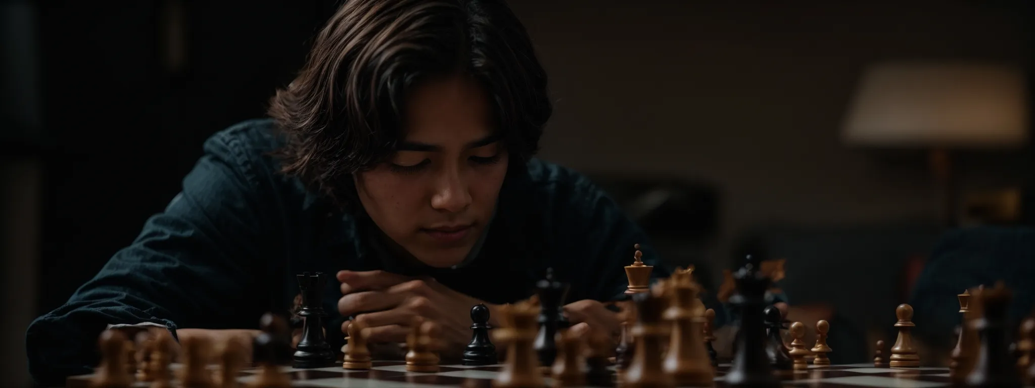 a chess player intently studies a chessboard, contemplating the next strategic move.