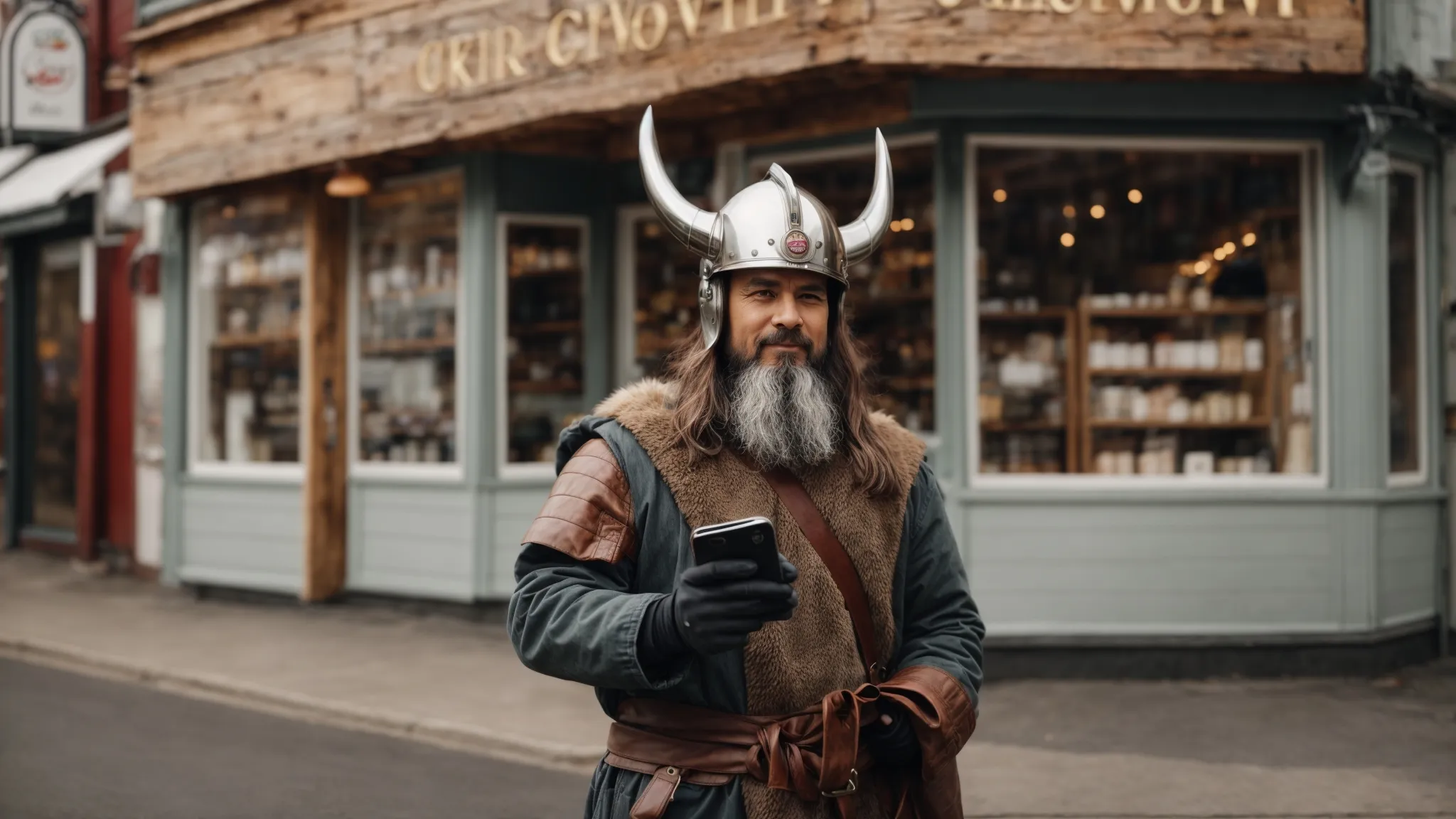 a local business owner in a viking helmet stands outside his shop, holding a smartphone and giving a thumbs-up next to the shop's signpost without any logos.