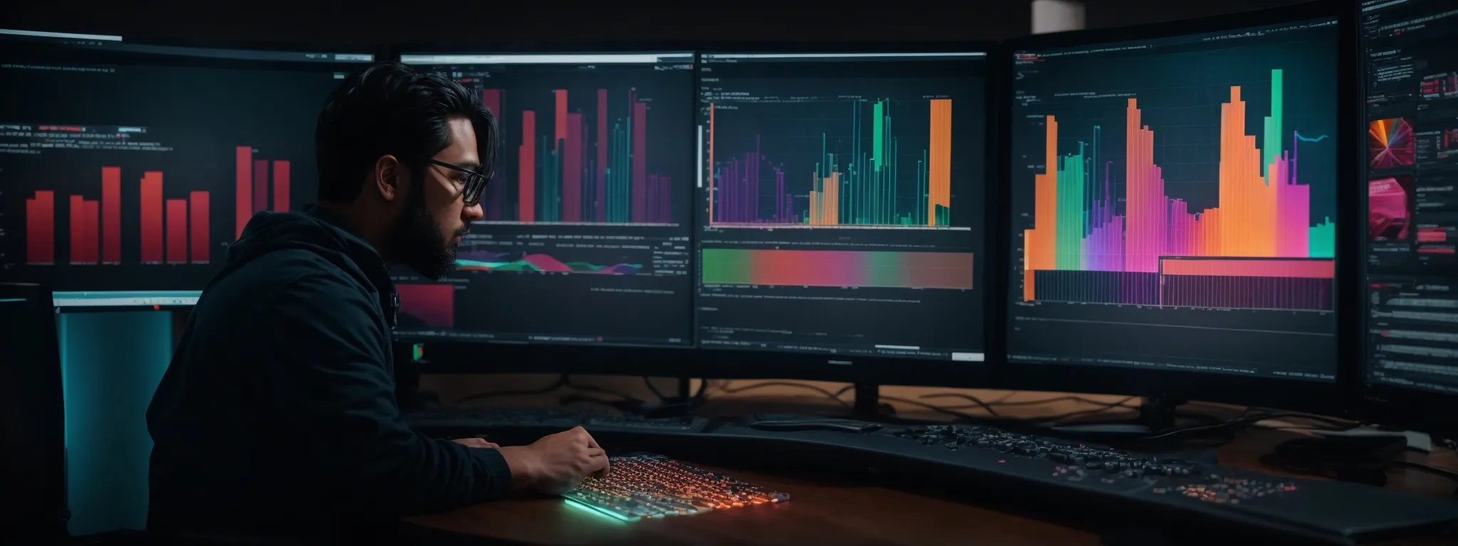 a web developer analyzes website performance metrics on a large monitor displaying colorful graphs and user interaction heatmaps.