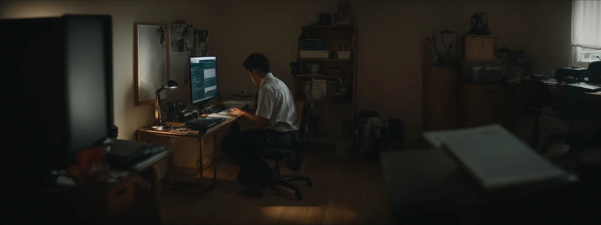 a person sitting at a computer in a well-lit room, typing on a keyboard with an open notepad beside them.