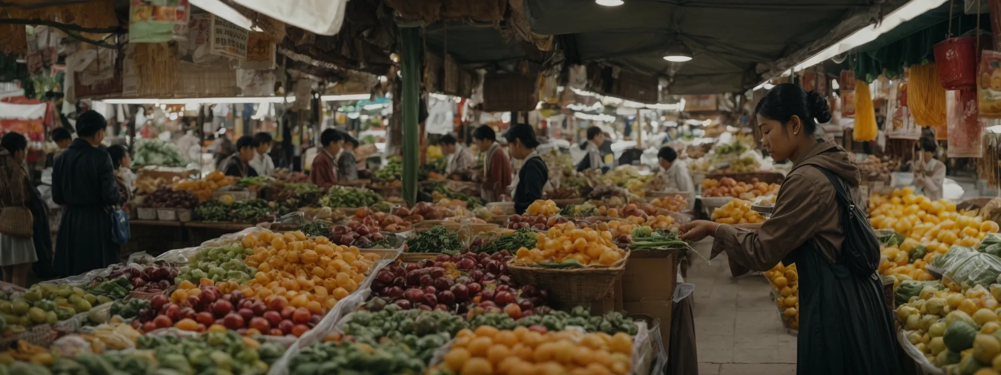 a researcher observes a local market scene to understand consumer purchasing behaviors.