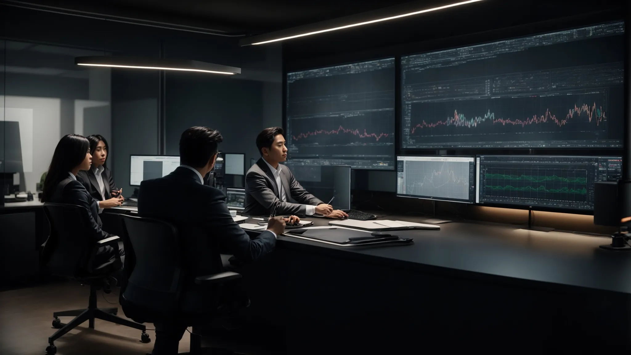 a diverse team of professionals analyzes graphs on a large monitor in a modern office.