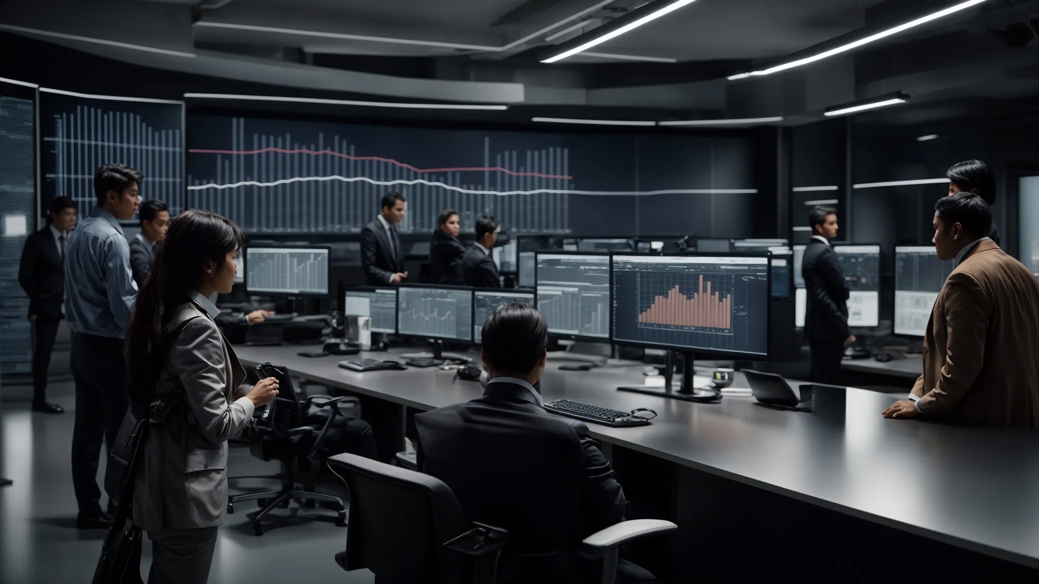 a diverse group of professionals examines data charts on large monitors in a modern office setting.