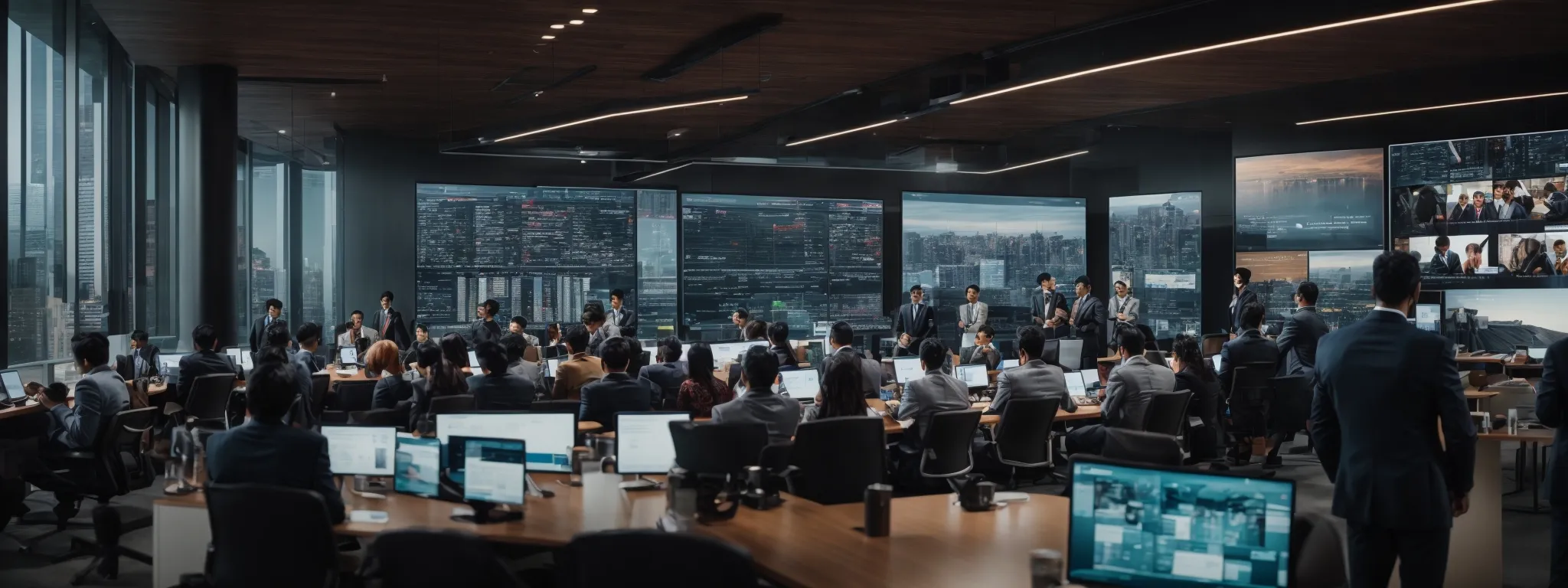 a bustling conference room with diverse professionals engaging over expansive digital displays highlighting social media trends and data analytics.