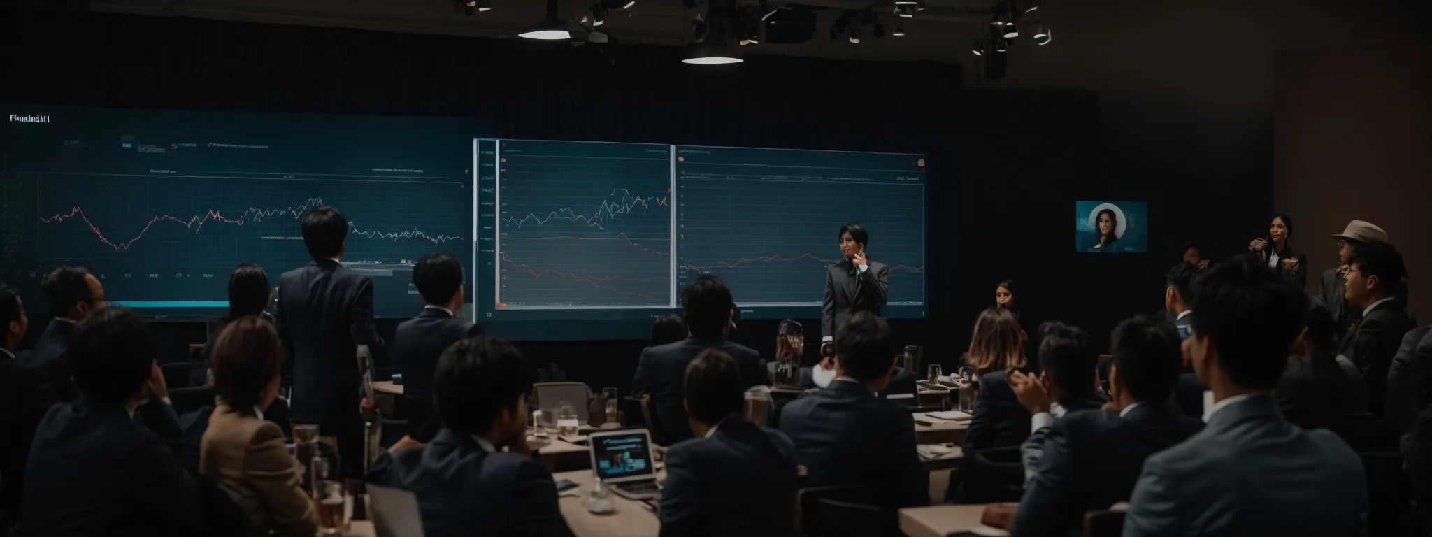 a group of professionals gather around a large screen displaying a graph that shows a notable trend upwards.