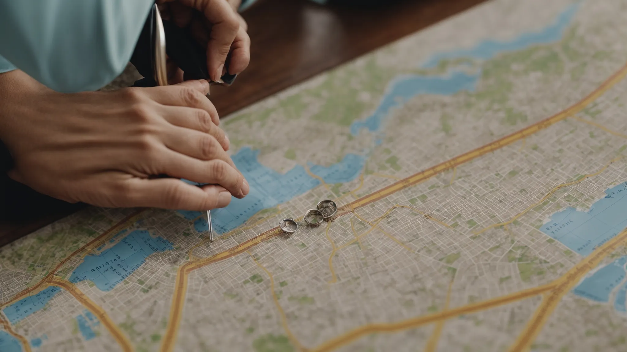 a small business owner placing a pin on a map of the local area to signify their shop's location.