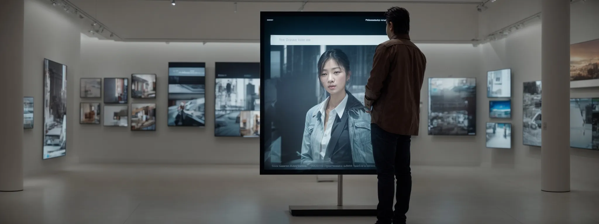 an artist standing before a large, interactive touch screen, fluidly swiping through a sleek, image-rich website gallery.