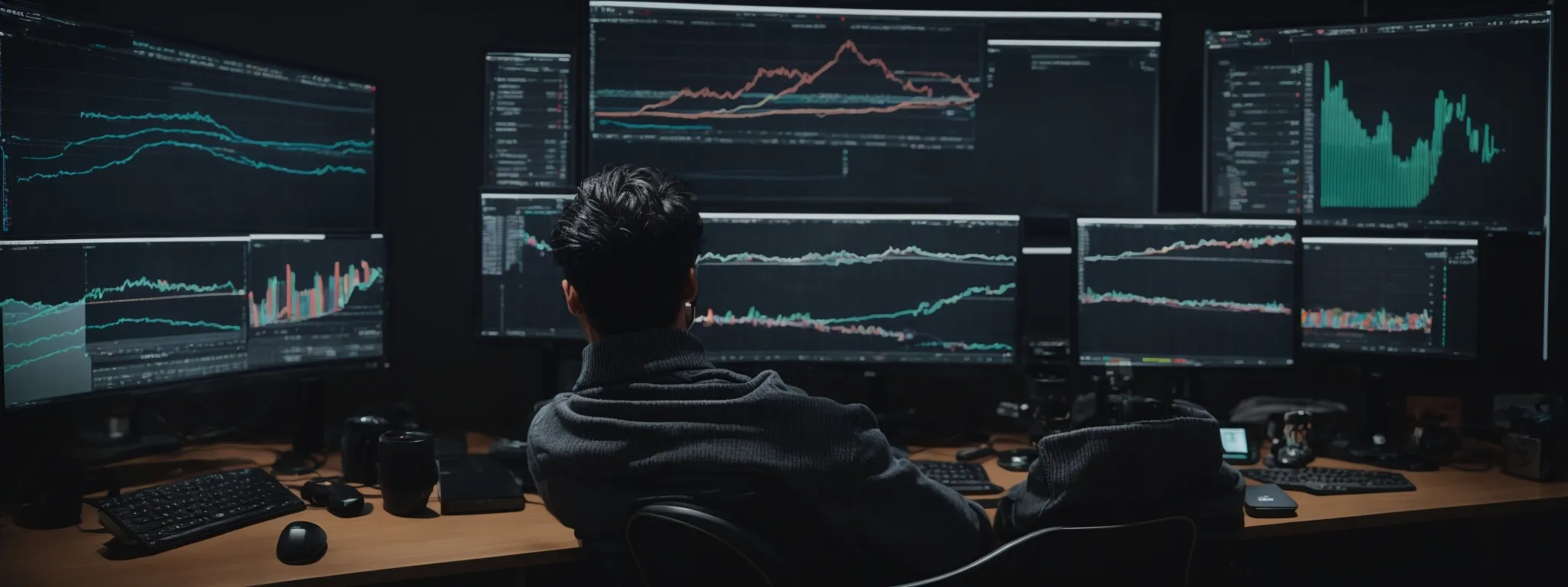 a developer sits before dual computer monitors, analyzing charts and data relevant to app store optimization (aso) strategies.