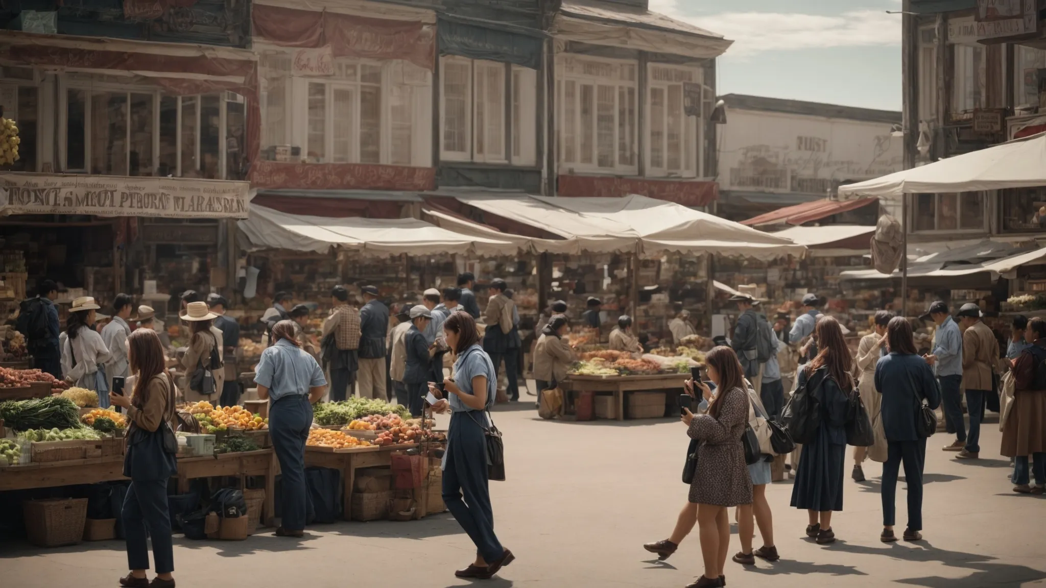 a bustling small-town market square with people interacting and using their smartphones.